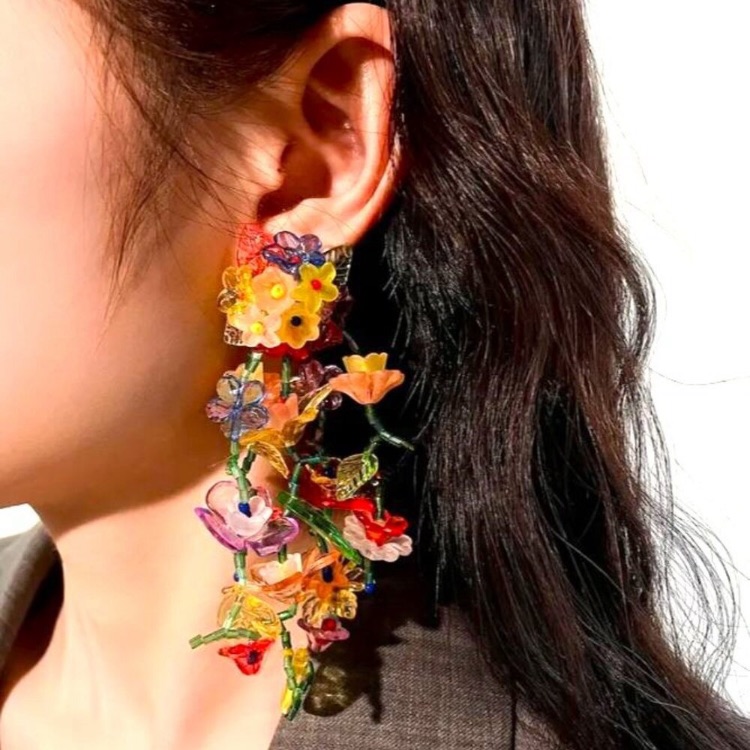 New Multicolor Floral Cluster Drop Statement Earrings Pierced 18k Gold Plated